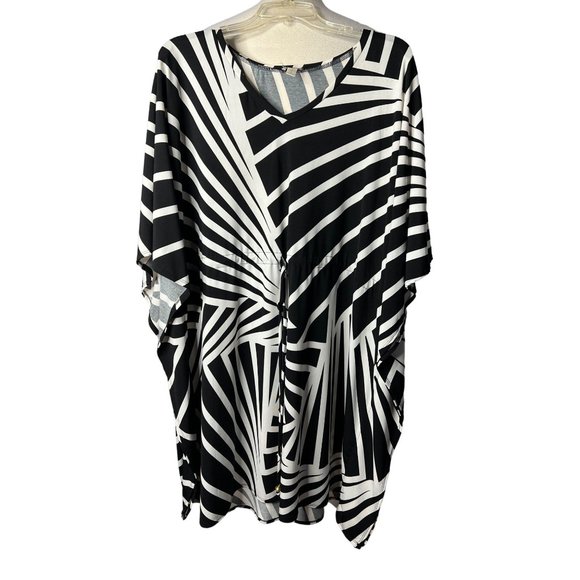 HAANI Women's Dress 2X Black White Striped KneeShort Sleeve Stretch V-Neck - Picture 1 of 12